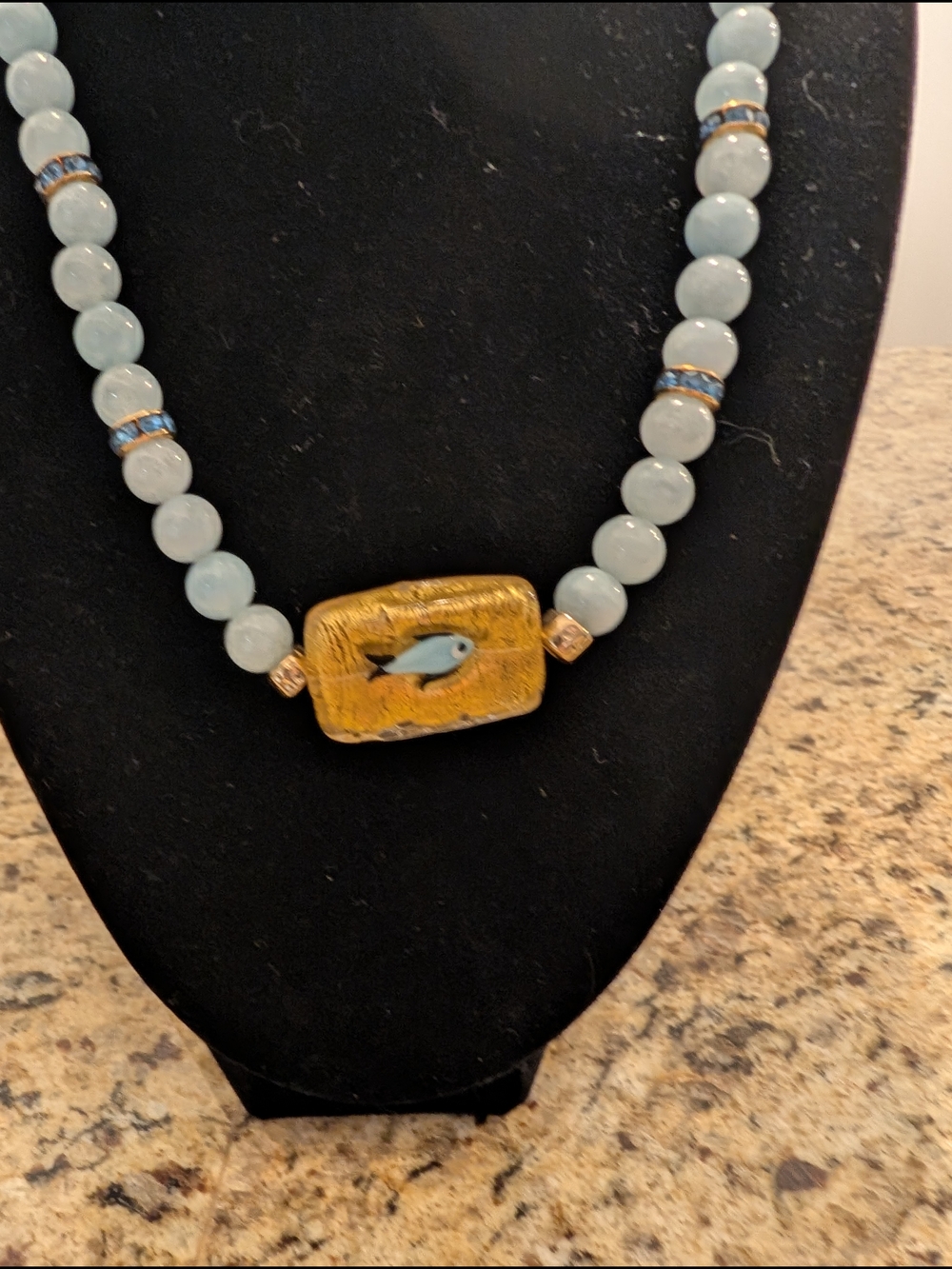 Handcrafted Light Blue Bead Necklace with Gold Fish Pendant